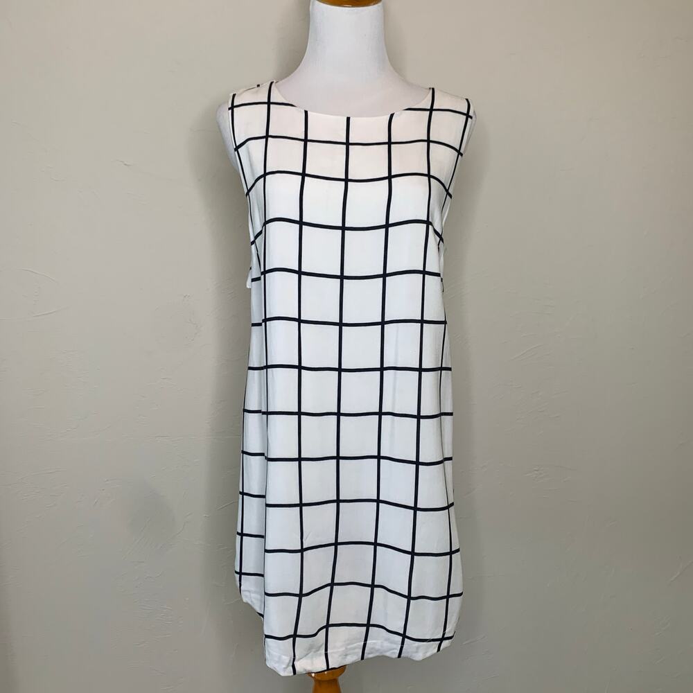 White Black Windowpane Plaid Shift Dress Sz Small Preppy Minimalism